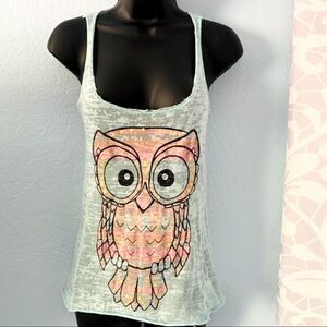 Rebellious One Blue graphic Owl Tank Top Size Small